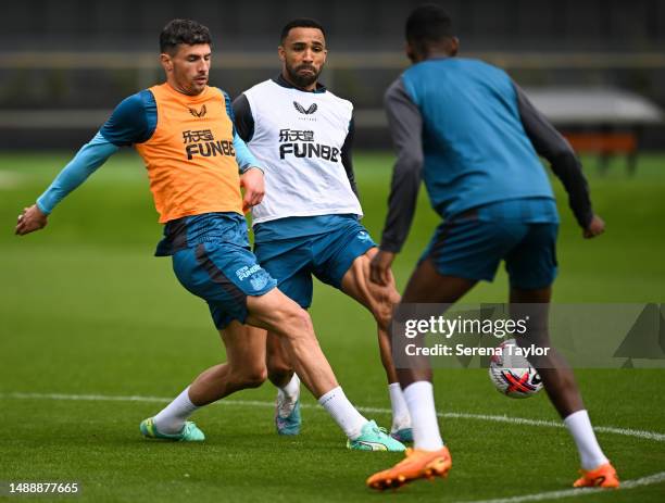 Fabian Schär and Callum Wilson jostles for the ball during the Newcastle United Training Session at the Newcastle United Training Centre on May 10,...