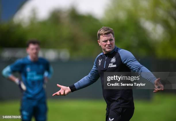 Newcastle United Head Coach Eddie Howe during the Newcastle United Training Session at the Newcastle United Training Centre on May 10, 2023 in...