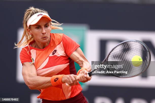 Lesia Tsurenko of Ukraine plays a back hand during their round of 128 match against Elina Svitolina of Ukraine at Foro Italico on May 10, 2023 in...