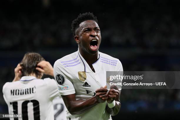 Vinicius Junior of Real Madrid CF celebrates scoring their opening goal during the UEFA Champions League semi-final first leg match between Real...