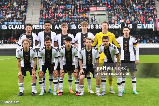 Players of Germany lines up prior to the U19 Denmark and U19 Germany International Friendly match at Blue Water Arena on May 10, 2023 in Esbjerg,...