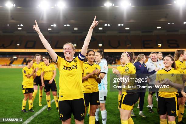 Anna Price of Wolverhampton Wanderers celebrates victory following the Birmingham County Cup Women's Final between Wolverhampton Wanderers Women and...