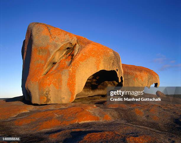 the remarkables: a cluster of huge weather sculpted granite boulders on a granite dome over the sea. - australia kangaroo island fotografías e imágenes de stock