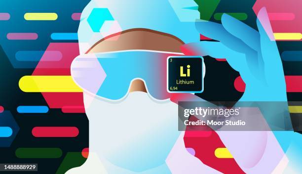 engineer holding lithium element vector illustration - lithium ion battery stock illustrations