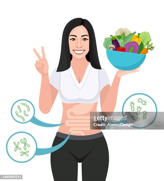 ilustrações, clipart, desenhos animados e ícones de mulher asiática mostrando uma tigela cheia de vegetais orgânicos frescos. mulher feliz com flora intestinal equilibrada. - sutiã para esportes