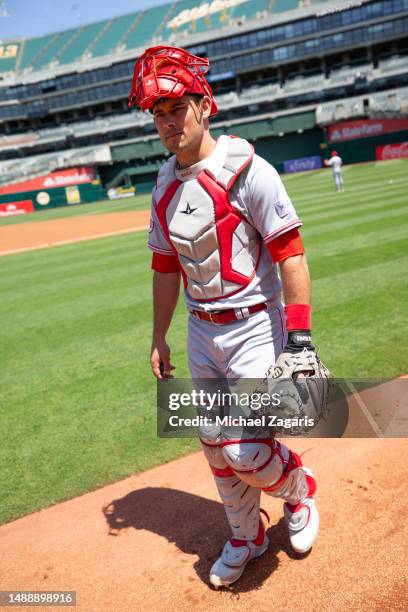 Luke Maile of the Cincinnati Reds before the game against the Oakland Athletics at RingCentral Coliseum on April 29, 2023 in Oakland, California. The...