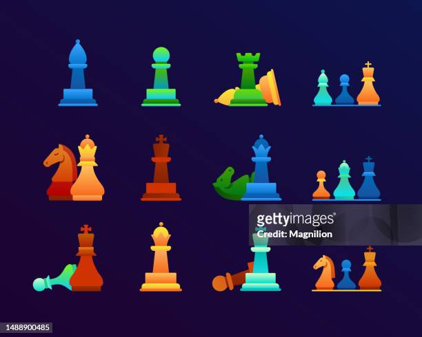 chess flat gradient icons set - bishop chess piece stock illustrations