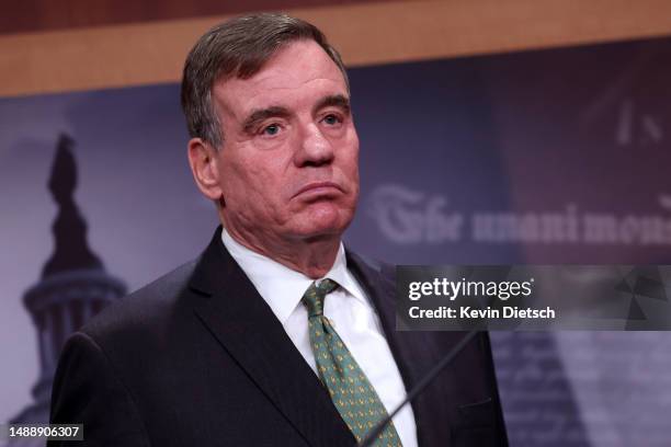 Sen. Mark Warner speaks on security classification reform at the U.S. Capitol on May 10, 2023 in Washington, DC. The Director of National...