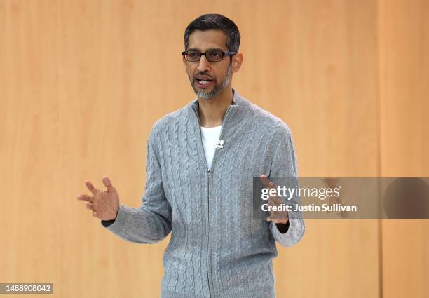 Alphabet CEO Sundar Pichai delivers the keynote address at the Google I/O developers conference at Shoreline Amphitheatre on May 10, 2023 in Mountain...