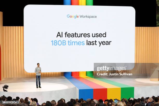 Alphabet CEO Sundar Pichai delivers the keynote address at the Google I/O developers conference at Shoreline Amphitheatre on May 10, 2023 in Mountain...