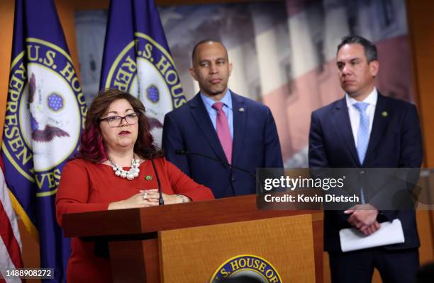 Rep. Linda Sanchez , joined by House Minority Leader Hakeem Jeffries and Rep. Pete Aguilar , speaks on immigration at the U.S. Capitol on May 10,...