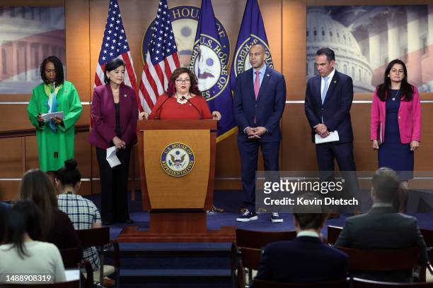 Rep. Linda Sanchez joined by fellow House Democrats speaks on immigration at the U.S. Capitol on May 10, 2023 in Washington, DC. The House Democrats...