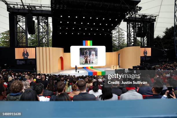 Alphabet CEO Sundar Pichai delivers the keynote address at the Google I/O developers conference at Shoreline Amphitheatre on May 10, 2023 in Mountain...