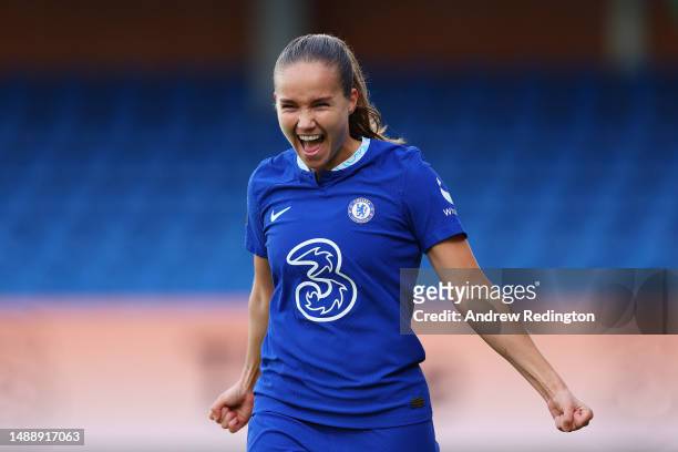 Guro Reiten of Chelsea celebrates after scoring the team's first goal during the FA Women's Super League match between Chelsea and Leicester City at...
