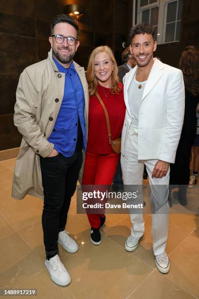 Ben Richardson, Sarah-Jane Mee and Simon Atkins arrive at the launch of 'Ready Set StartUP' at The May Fair Hotel on May 10, 2023 in London, England.