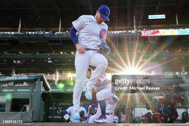 Ian Happ of the Chicago Cubs takes the field prior to the game against the St. Louis Cardinals at Wrigley Field on May 09, 2023 in Chicago, Illinois.