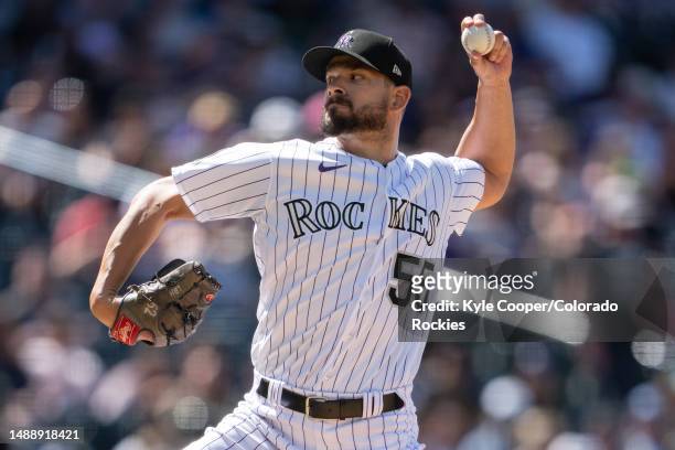 Brad Hand of the Colorado Rockies delivers a pitch against the Milwaukee Brewers at Coors Field on May 04, 2023 in Denver, Colorado.