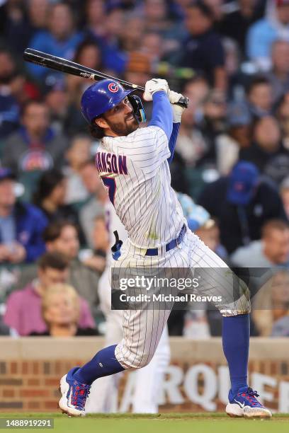 Dansby Swanson of the Chicago Cubs hits a two-run home run off Jack Flaherty of the St. Louis Cardinals during the third inning at Wrigley Field on...