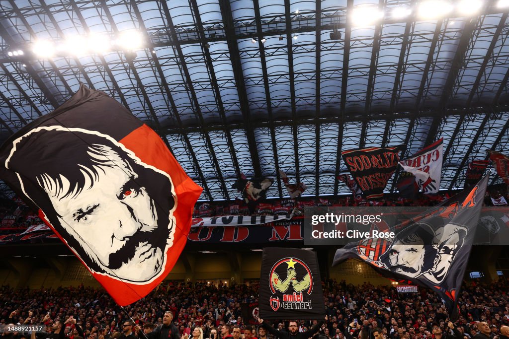 Milan Fans A general view as fans of AC Milan wave flags and banners prior to ...