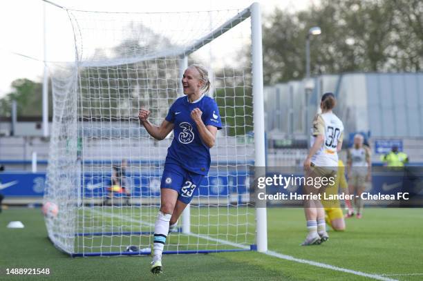 Pernille Harder of Chelsea celebrates after scoring her team's third goal during the FA Women's Super League match between Chelsea and Leicester City...