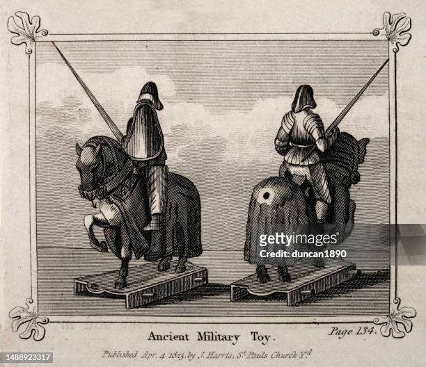 alte spielzeugsoldaten, messingritter zu pferd mit lanzen bewaffnet - ritter spielzeug stock-grafiken, -clipart, -cartoons und -symbole