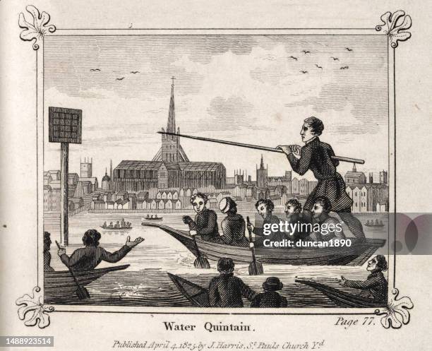water quintain, jousting with lanze, auf der themse london, im hintergrund old st paul's cathedral - ritterturnier stock-grafiken, -clipart, -cartoons und -symbole