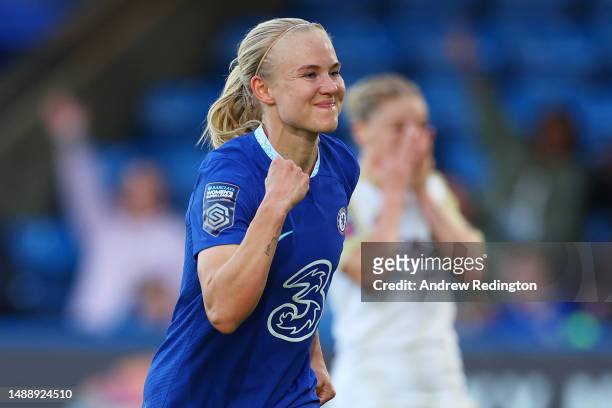 Pernille Harder of Chelsea celebrates after scoring the team's fourth goal during the FA Women's Super League match between Chelsea and Leicester...