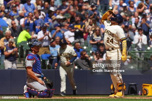 William Contreras of the Milwaukee Brewers celebrates a home run against the Los Angeles Dodgers during the fourth inning at American Family Field on...