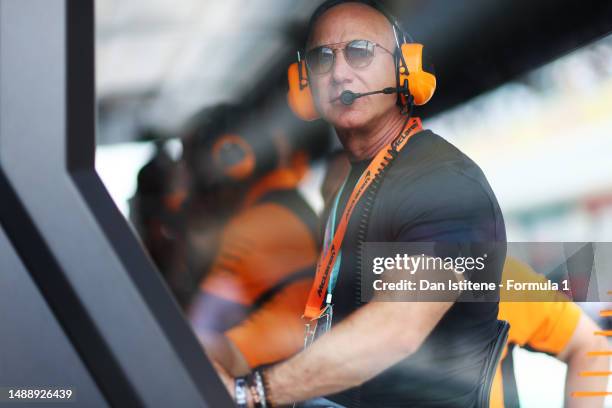 Jeff Bezos looks on from the McLaren pitwall during final practice ahead of the F1 Grand Prix of Miami at Miami International Autodrome on May 06,...