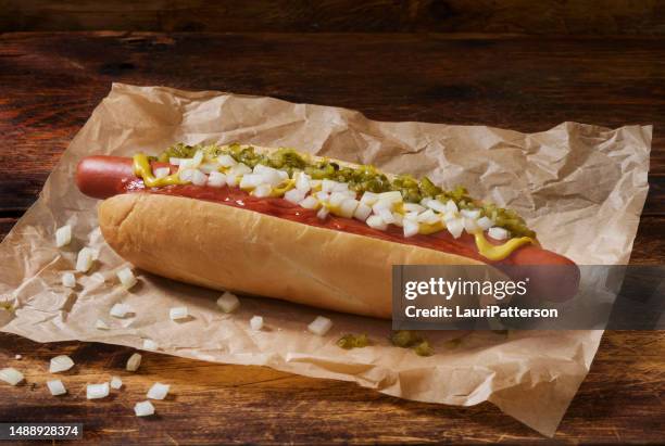 the foot long ballpark hot dog - relish stock pictures, royalty-free photos & images