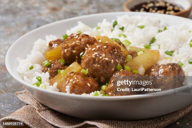 teriyaki pork meatballs - meatball stock pictures, royalty-free photos & images