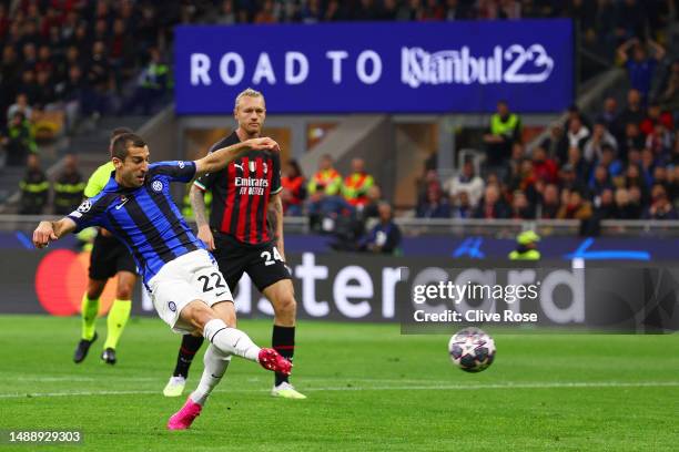 Henrikh Mkhitaryan of FC Internazionale scores the team's second goal during the UEFA Champions League semi-final first leg match between AC Milan...