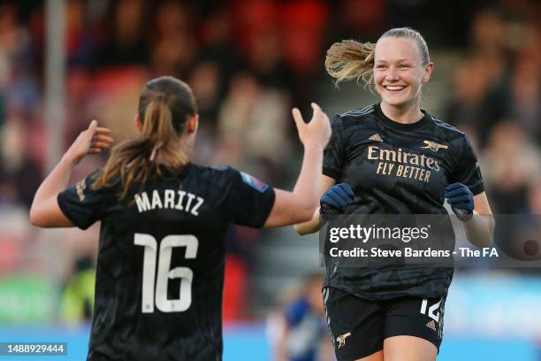 Frida Maanum of Arsenal celebrates after scoring the team's third goal with teammate Noelle Maritz during the FA Women's Super League match between...
