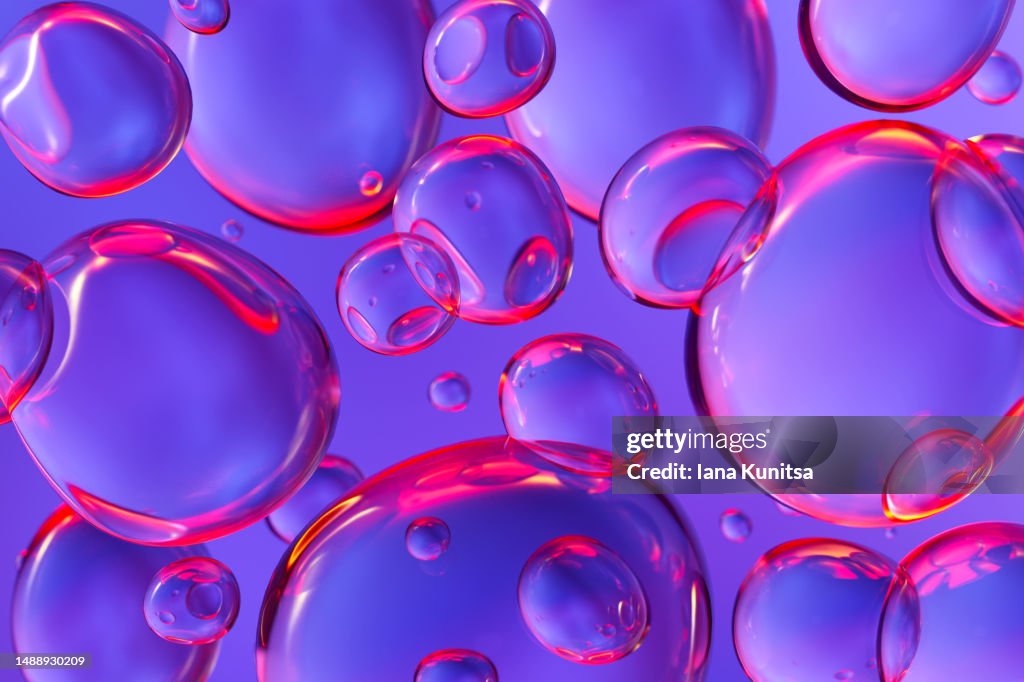 Chemical purple and pink molecules, bubbles, oil drops. 3D spheres pattern. Beauty background. Healthcare and medicine.