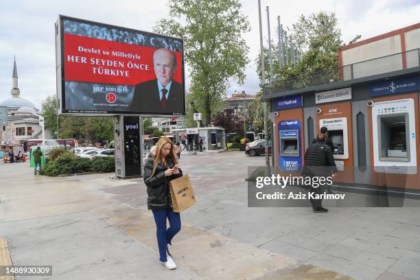 Turkish Nationalist Movement Party's leader Devlet Bahceli displayed on posters on May 10, 2023 in Istanbul, Turkey. Turkey's presidential election...