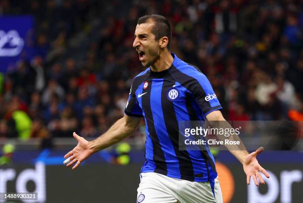 Henrikh Mkhitaryan of FC Internazionale celebrates after scoring the team's second goal during the UEFA Champions League semi-final first leg match...