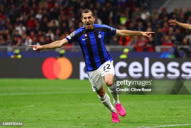 Henrikh Mkhitaryan of FC Internazionale celebrates after scoring the team's second goal during the UEFA Champions League semi-final first leg match...