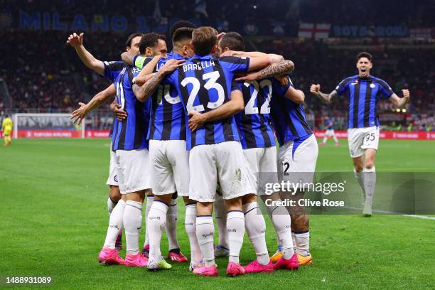 Henrikh Mkhitaryan of FC Internazionale celebrates with teammates after scoring the team's second goal during the UEFA Champions League semi-final...