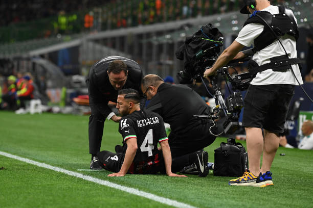 Ismael Bennacer of AC Milan reacts during the UEFA Champions League semi-final first leg match between AC Milan and FC Internazionale at San Siro on...