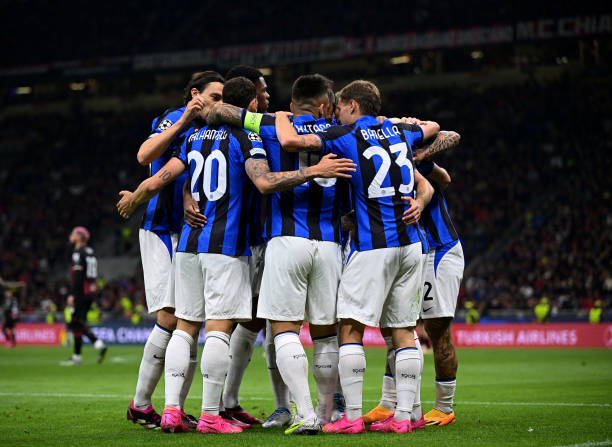 Henrikh Mkhitaryan celebrates with teammates after scoring their team's second goal of FC Internazionale during the UEFA Champions League semi-final...