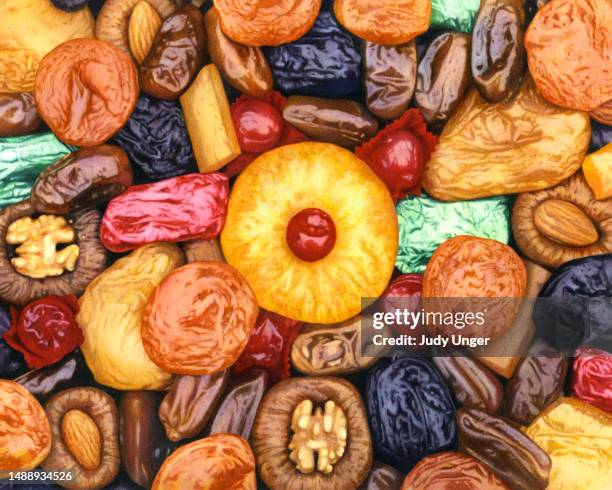 ilustraciones, imágenes clip art, dibujos animados e iconos de stock de mezcla de frutas secas - ciruela pasa