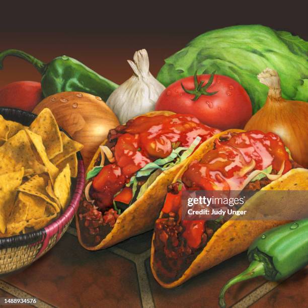 tacos and salsa - taco salad stock illustrations