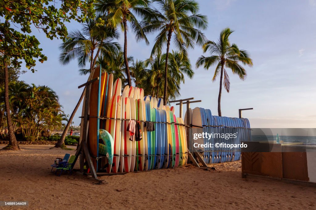 Surfboards at Waikiki honolulu public beach