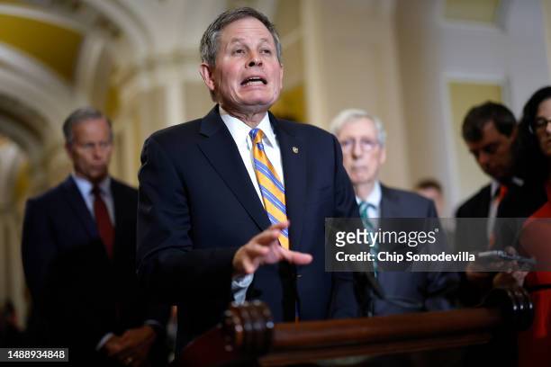 Sen. Steve Daines talks to reporters following the weekly Senate Republican policy luncheon at the U.S. Capitol on May 10, 2023 in Washington, DC....