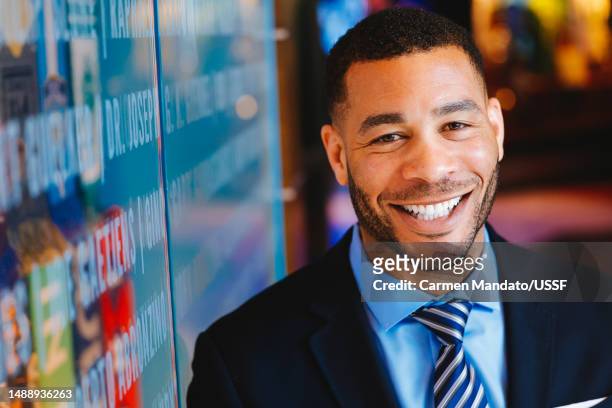 Oguchi Onyewu sits for a portrait at Toyota Stadium on May 06, 2023 in Frisco, Texas.
