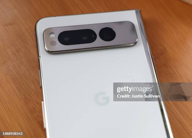 The new Google Pixel Foldable phone is displayed during the Google I/O developers conference at Shoreline Amphitheatre on May 10, 2023 in Mountain...