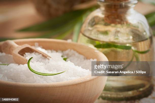 spa setting with bath salt and soap,romania - bath salt ストックフォトと画像