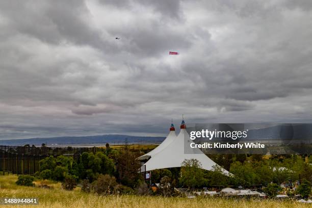 Advocacy group Accountable Tech flies an airplane banner above the Google I/O conference on May 10, 2023 in Mountain View, California. Accountable...