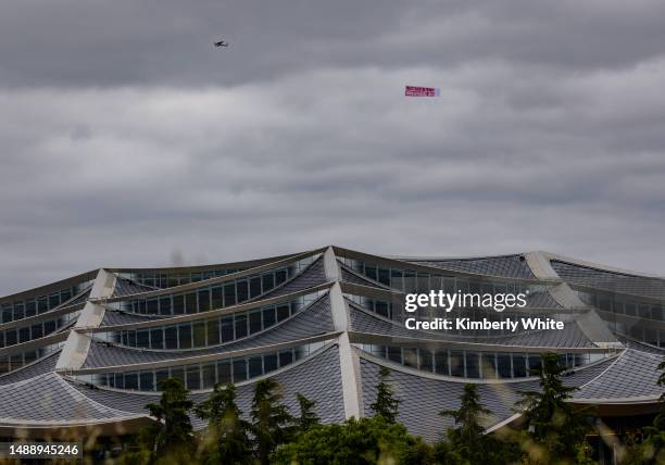 Advocacy group Accountable Tech flies an airplane banner above the Google I/O conference on May 10, 2023 in Mountain View, California. Accountable...