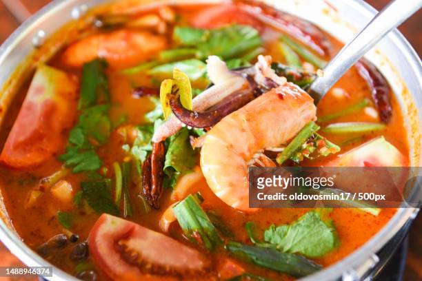 prawn soup,spicy soup with shrimp seafood coconut milk and chili pepper in pot,hot and sour curry shrimps and squid thai food asian,romania - tom yum suppe stock-fotos und bilder